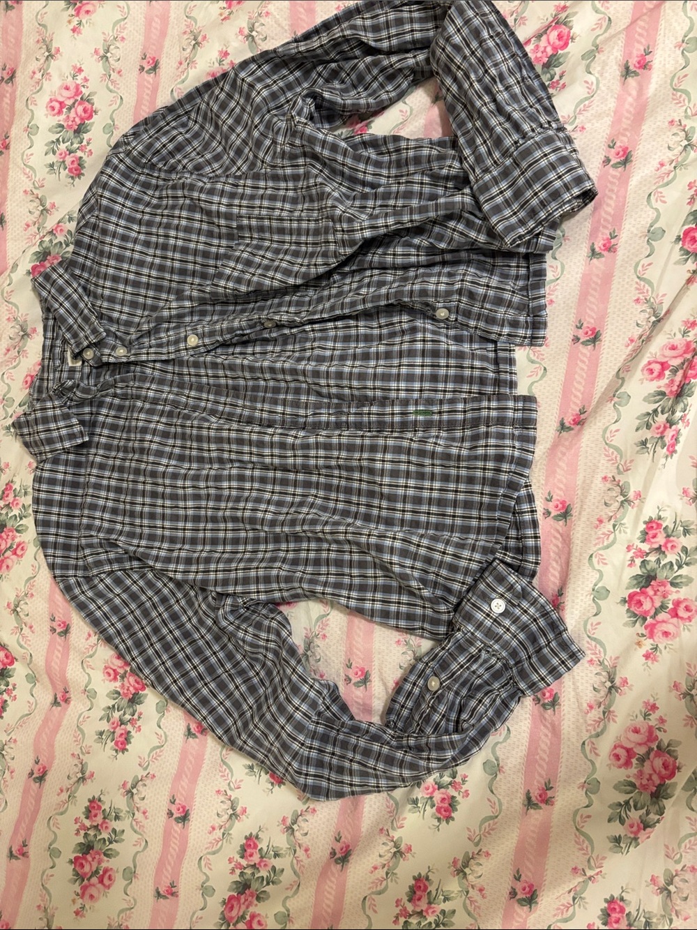 Aerie Cropped, Gray and Light Blue Plaid Button-Down Shirt